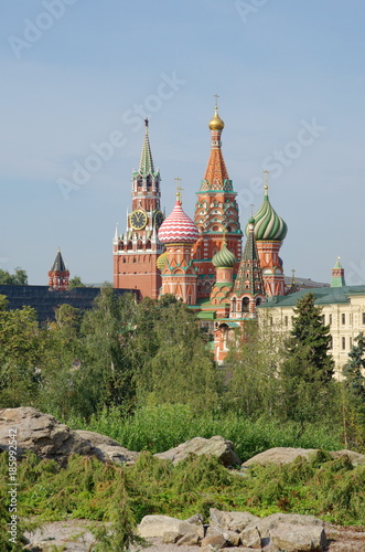 Landscape Park "Zaryadye" in Moscow, Russia. The views of St. Basil's Cathedral and Spasskaya tower of the Moscow Kremlin