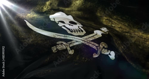 Pirate flag with Jolly Roger waving at wind, loop