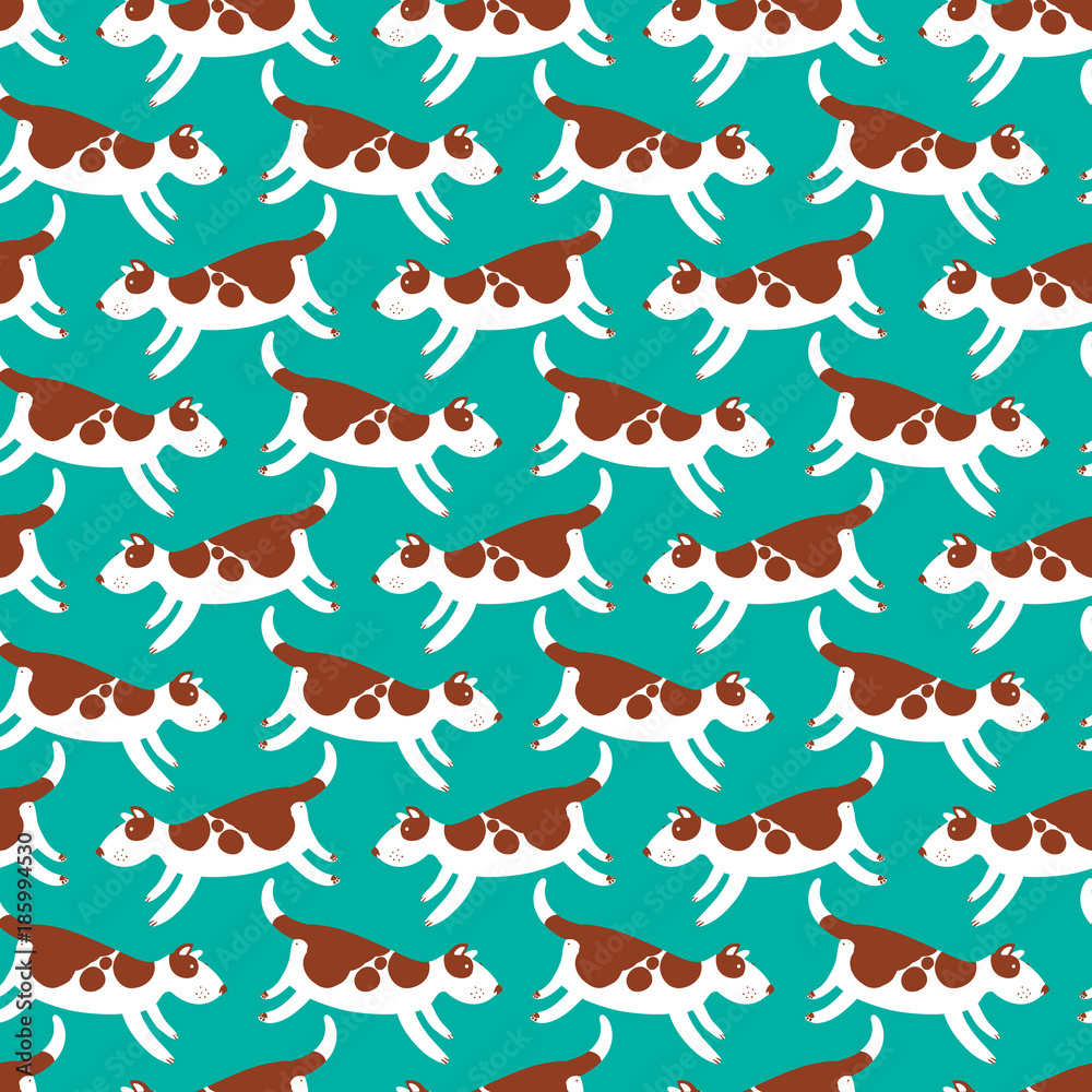 Cute dogs seamless pattern. Background with pets character in doodle simple style.