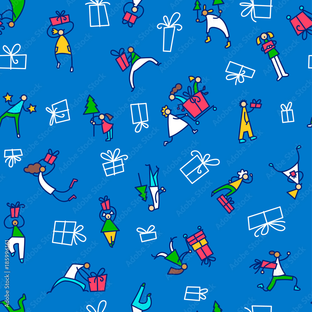 Christmas seamless pattern with people with gifts and christmas tree. Winter seasonal background Christmas seamless pattern with people with gifts and christmas tree. Winter seasonal background