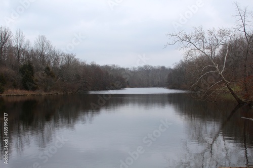 The reflections off the water of the lake in the park.