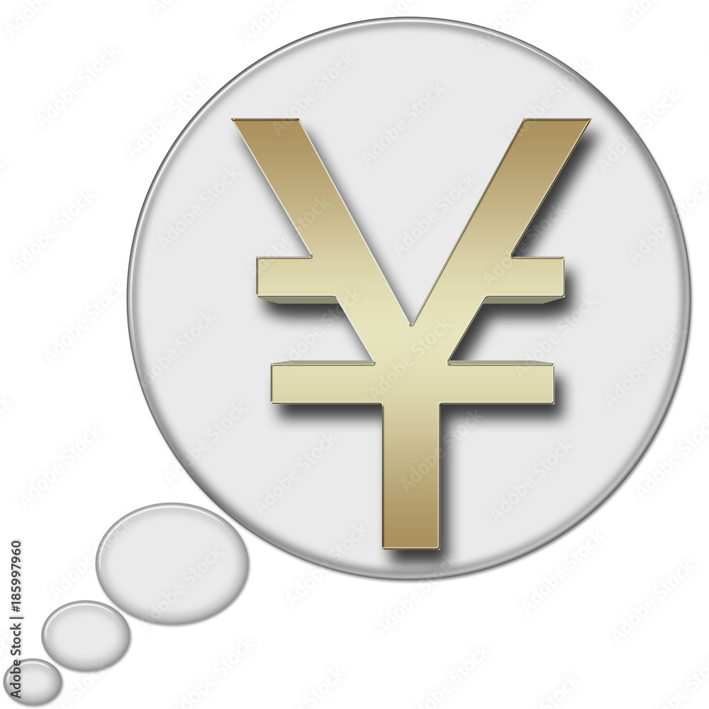 Obraz premium Stock Illustration - Golden Japanese Yen Currency Sign In White Thinking Bubble, Isolated against the White Background, 3D Illustration.