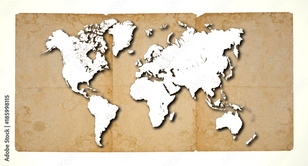 White blank world map on three damaged and stained papers. Elements of this image furnished by NASA.