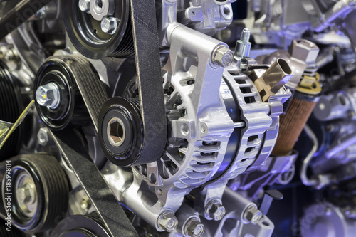 alternator in Diesel Engine with belt ; industry background