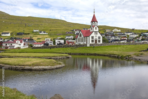 View of the small church of Sandavagur, Faroe Islands