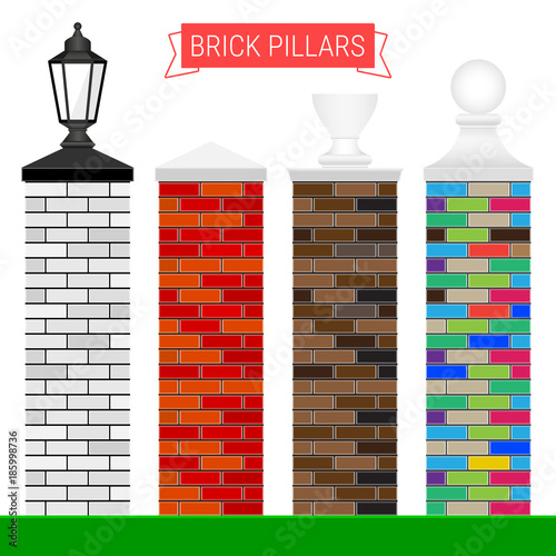 Set of Vector Brick Pillars in Different Colors with Tops