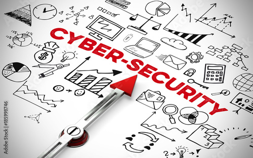 Englischer Slogan „Cyber Security“ (Cyber-Sicherheit) mit Icons und Pfeil