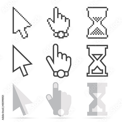 Mouse Cursor Icon Set - Pixel and Smooth Arrows, Hands and Hourglasses Clocks