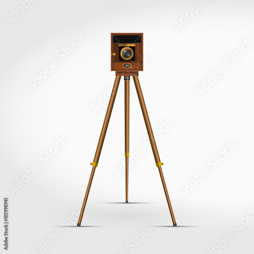 Old Retro Wooden Photo Camera on a Tripod. 3D Realistic Vector Illustration