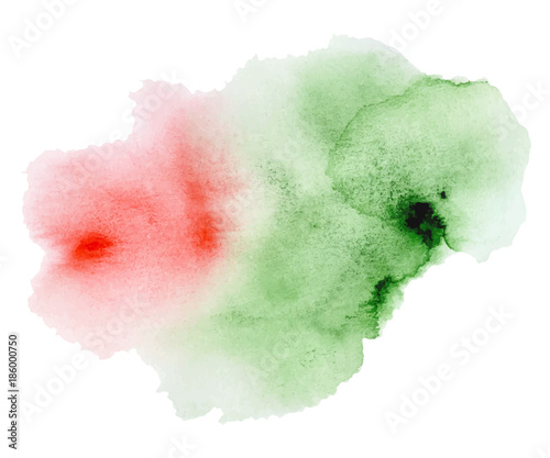 Watercolor red and green splash on white background. Grunge ink blot and drop. High quality manually traced vector illustration