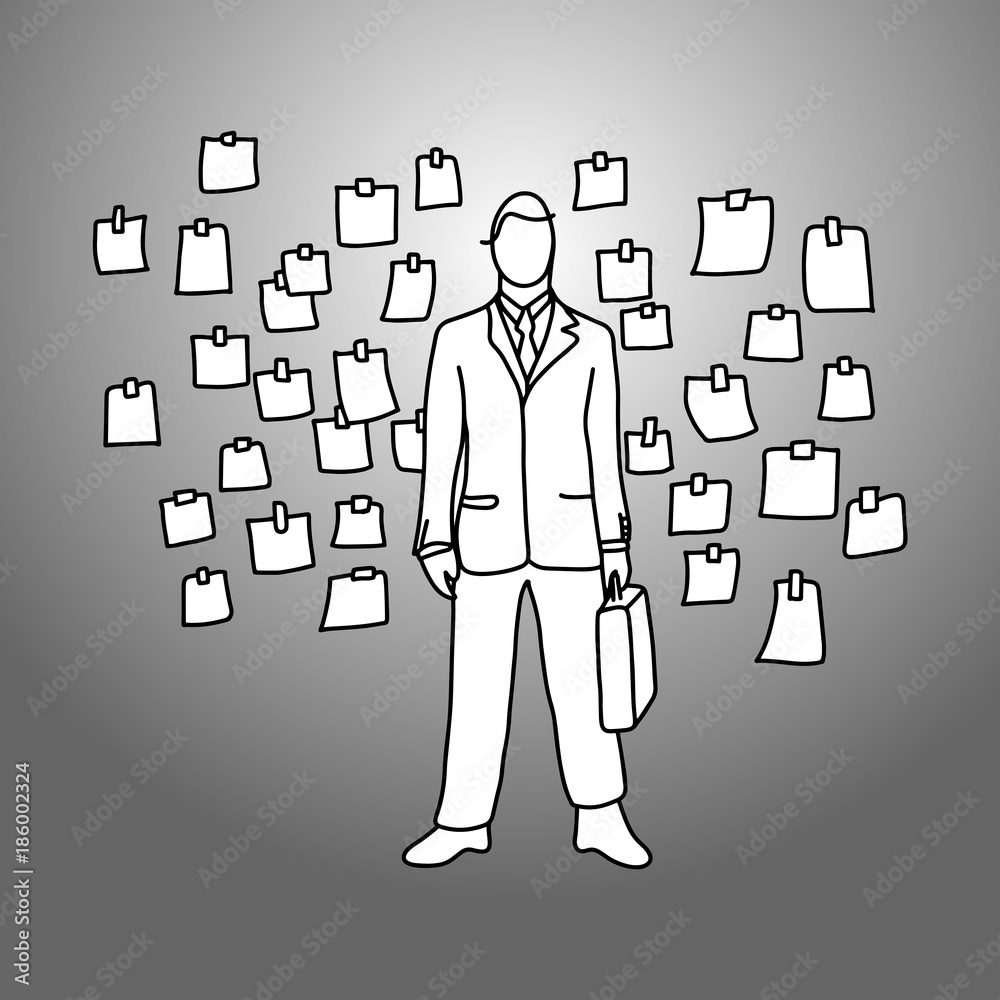businessman with his briefcase standing among sticky paper notes hanging on the wall vector illustration doodle sketch hand drawn with black lines isolated on gray background. Business concept. businessman with his briefcase standing among sticky paper notes hanging on the wall vector illustration doodle sketch hand drawn with black lines isolated on gray background. Business concept.