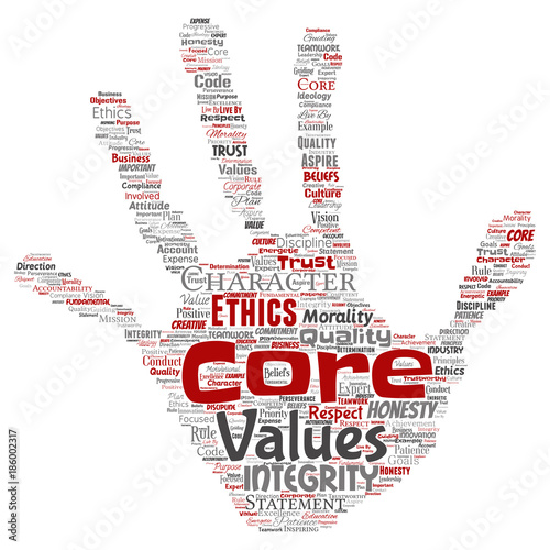 Vector conceptual core values integrity ethics hand print stamp concept word cloud isolated background. Collage of honesty quality trust, statement, character, perseverance, respect and trustworthy