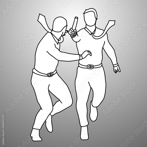 Two businessmen relay race vector illustration doodle sketch hand drawn with black lines isolated on gray background. Teamwork business concept.