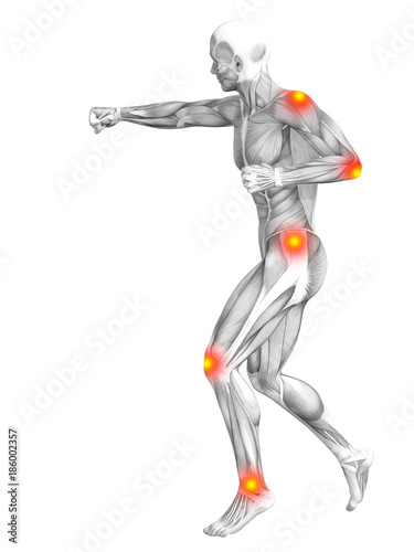 Conceptual human muscle anatomy with red and yellow hot spot inflammation or articular joint pain for health care therapy or sport concepts. 3D illustration man arthritis or bone osteoporosis disease