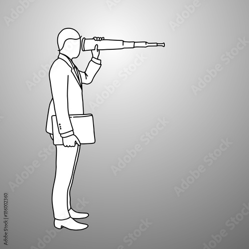 Businessman looking through binoculars with wrong side vector illustration doodle sketch hand drawn with black lines isolated on gray background. Business concept.