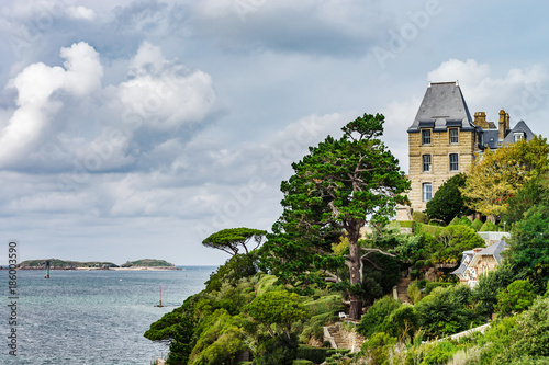 Old castles on seaside in Brittany, autumn, cloudy weather