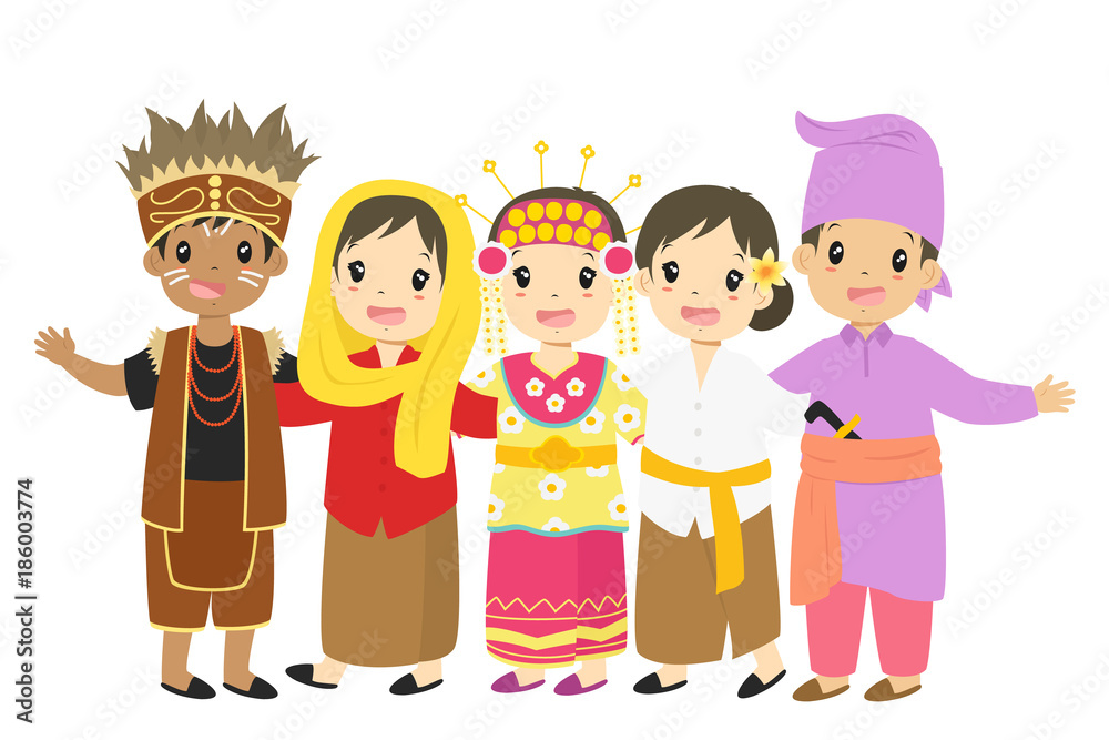 Indonesian children, boys and girls wearing traditional dress cartoon