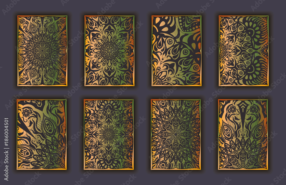 Card set with mosaic lace decorative elements background. Asian Indian oriental ornate banners.