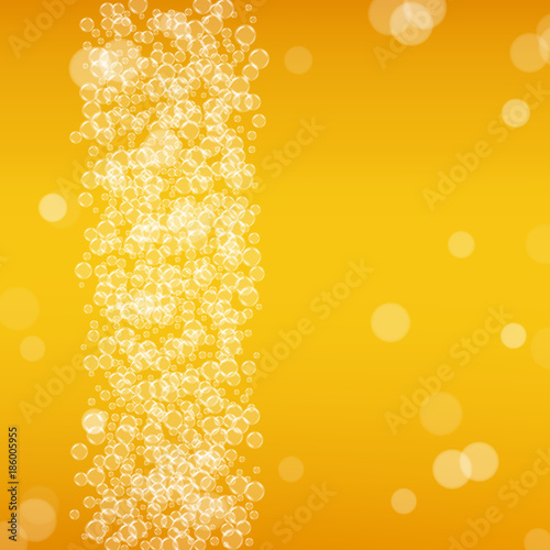 Beer background with realistic bubbles. Cool beverage for restaurant menu design, banners and flyers. Yellow square beer background with white frothy foam. Fresh cup of lager for brewery design.