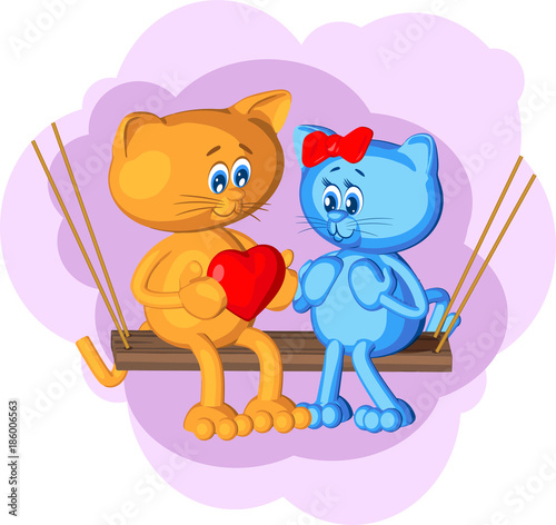 Postcard Two cats Valentine Day gives heart love tenderness surprise girl woman swing cherry blue background cartoon style 