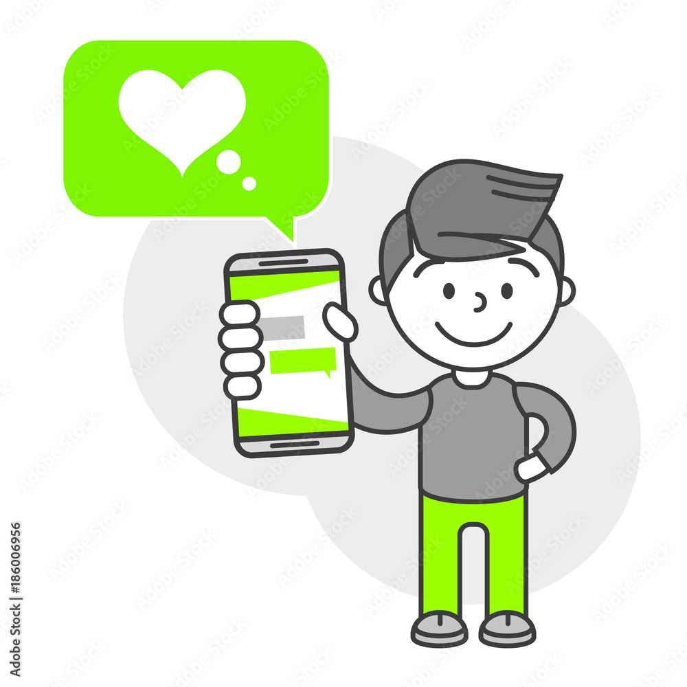 Simple flat stylistics adaptation to corporate style. Icon message man shows mobile phone message positive love heart