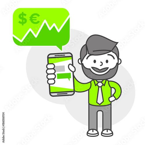 Simple flat stylistics adaptation to corporate style. Icon message man shows mobile phone message positive cash money shares