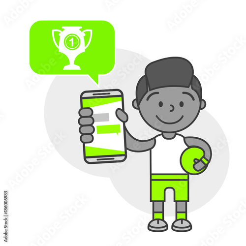 Simple flat stylistics adaptation to corporate style. Icon message man athlete football basketball victory shows mobile phone message positive