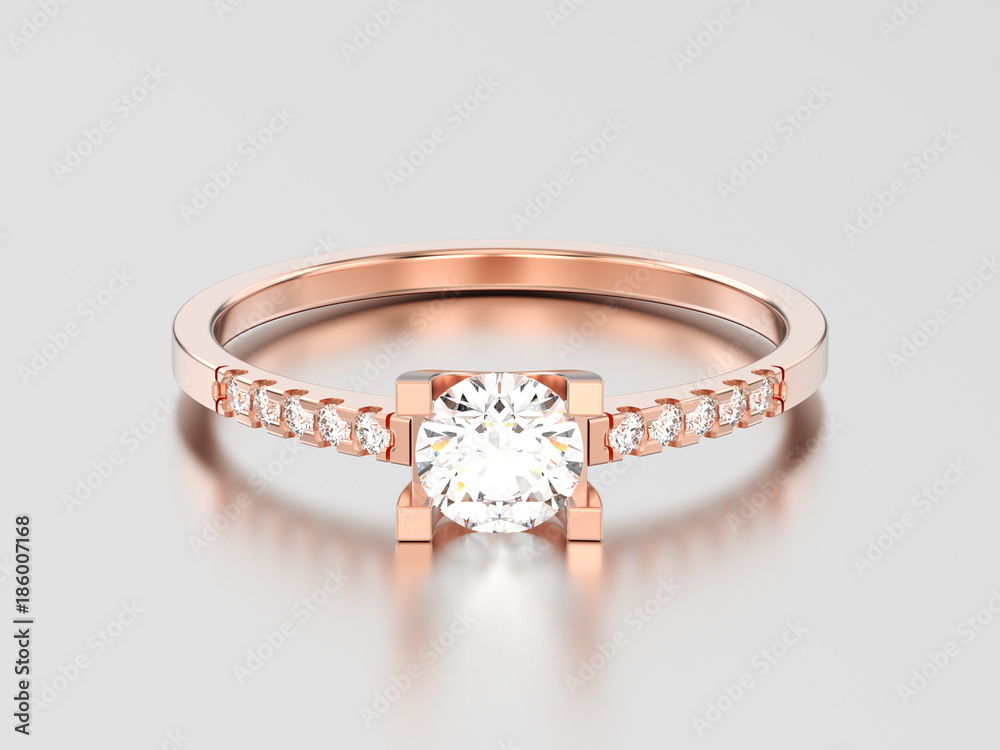 3D illustration rose gold engagement round cut shape ring with diamond