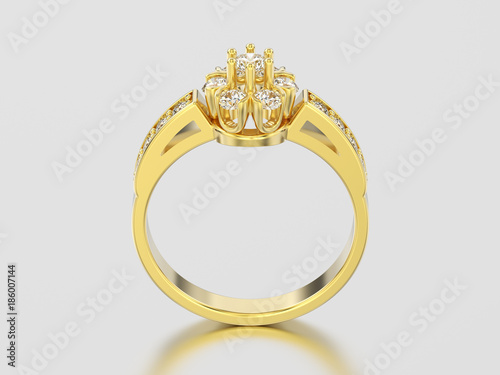 3D illustration yellow gold decorative flower diamond ring