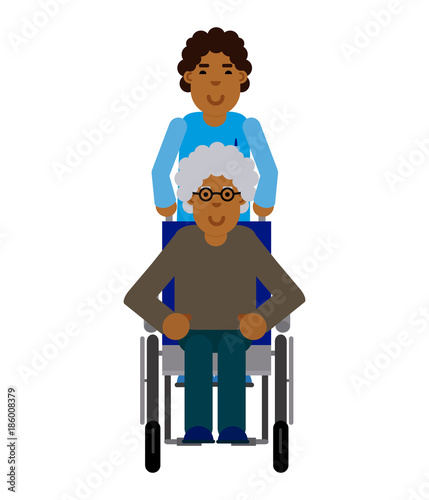African man taking care of an elderly man in a wheelchair