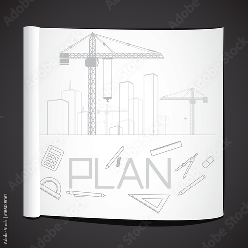 Architectural sketch of buildings, building cranes, plan on white paper.