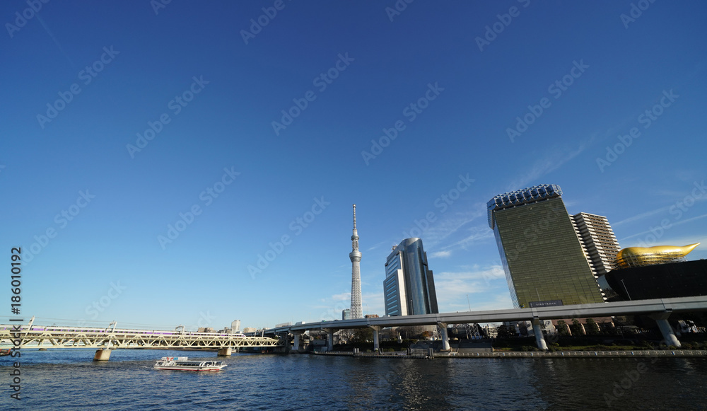  日本の東京都市景観「澄み切った青空や墨田区吾妻橋などの街並みを望む」（奥には押上の東京スカイツリーが見える）