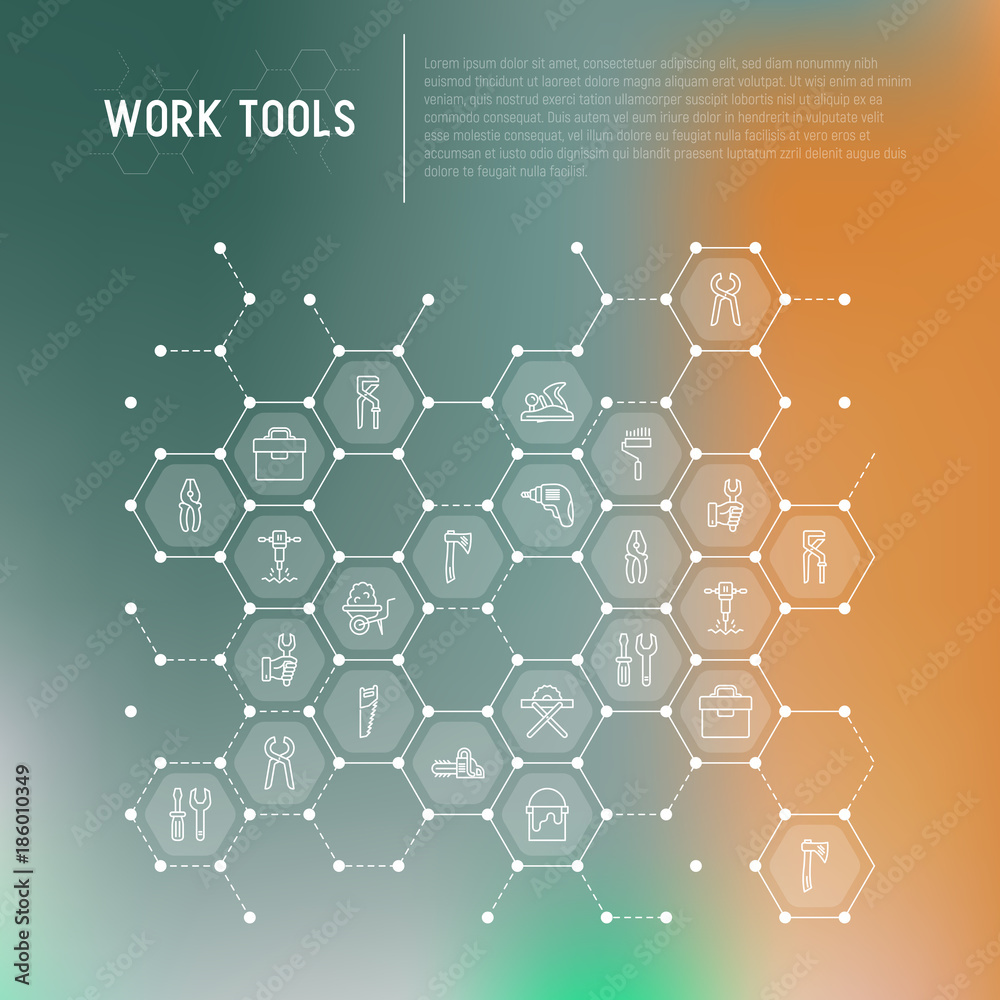 Work tools concept in honeycombs with thin line icons: puncher, drill, wrench, plane, toolbox, wheelbarrow, saw, pliers, sawing machine. Modern vector illustration, web page template.
