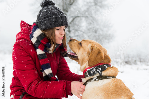 Girl in red jacket, hat and scarf playing among snow in garden with golden Labrador retriever dog. Woman spending time with lovely pet outdoors. Yellow dog is symbol of New year 2018.