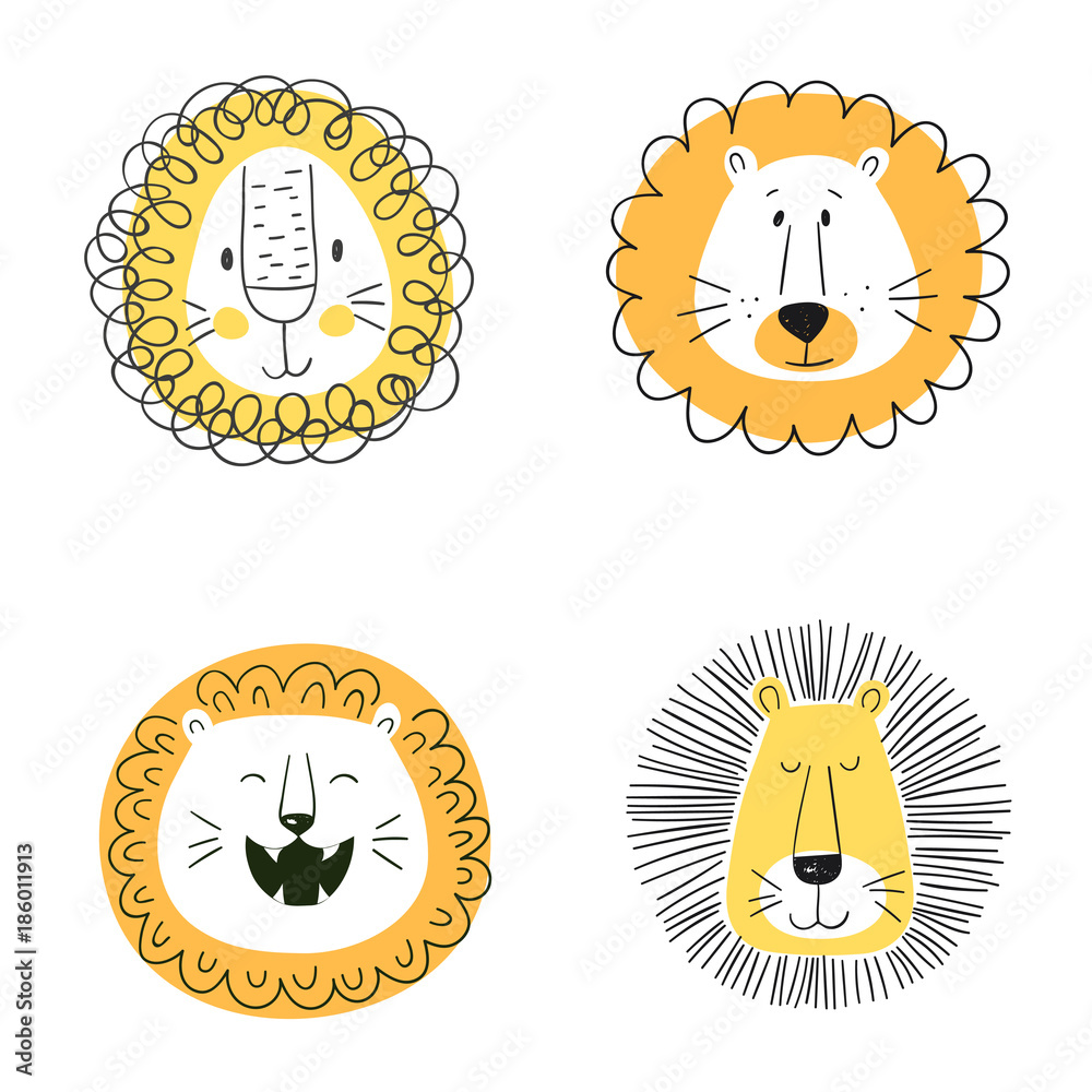 Set of cute cartoon lions. Funny doodle animal heads. Vector illustration - obrazy, fototapety, plakaty 