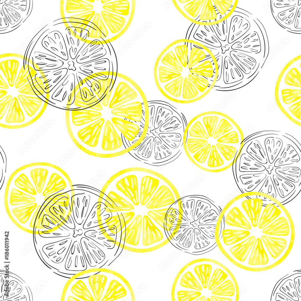 Seamless lemon pattern. Vector background with watercolor and doodle lemon slices.