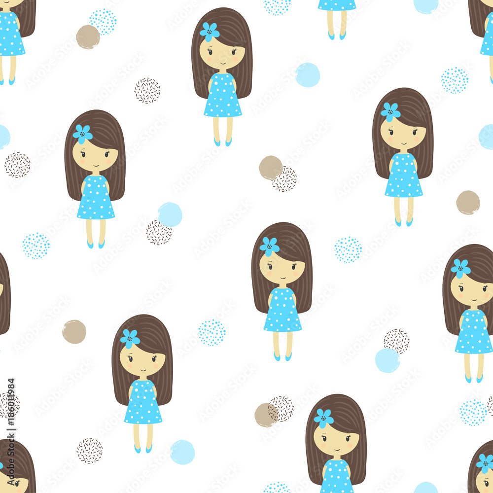 Fototapeta Bezszwowy wzór z ślicznej kreskówki małych dziewczynek w błękitnych sukniach. Ilustracji wektorowych.