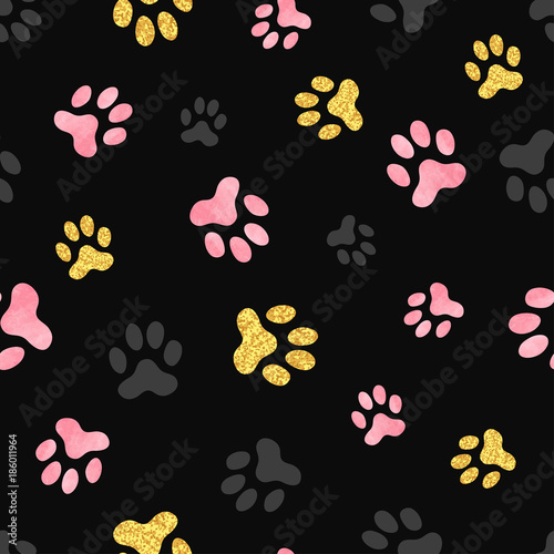 Dog paw print seamless pattern in pink, black and golden colors. Vector illustration.