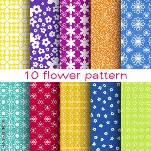 10 different flower vector seamless patterns. Seamless pattern can be used for wallpaper, pattern fills, web page background, surface textures.