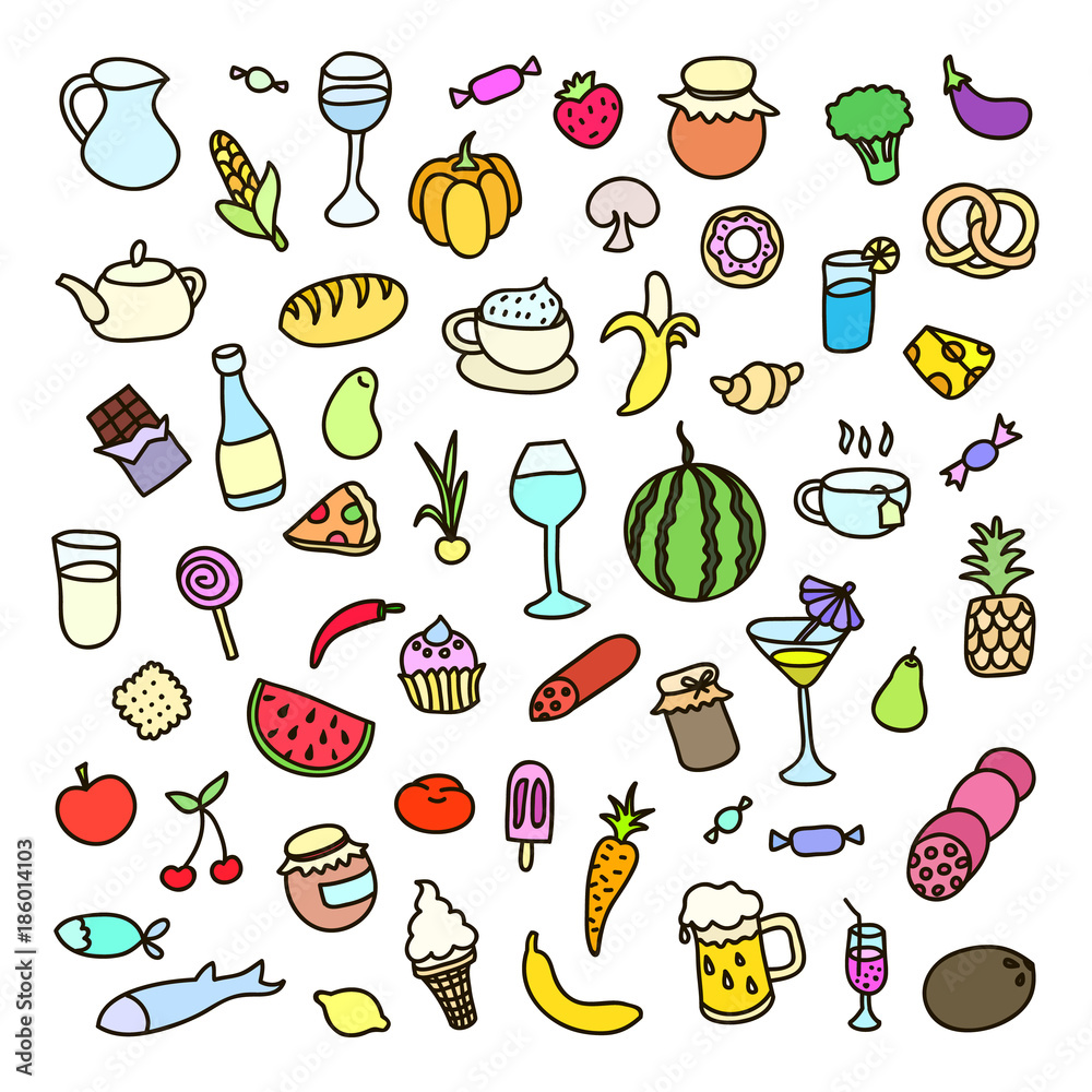 Set of 55 icons on the theme of food, different dishes and cuisines. Vector illustration for your cute design.
