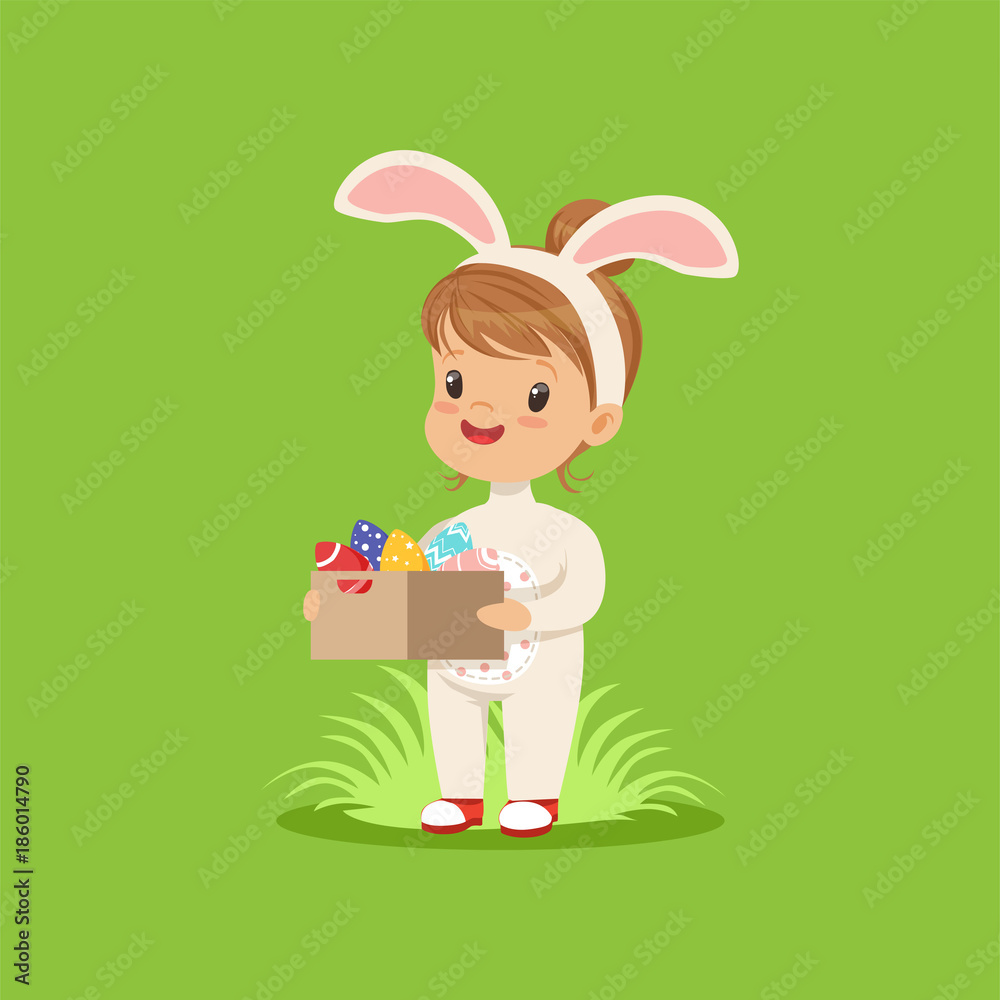 Beautiful little girl with bunny ears and rabbit costume holding box of painted eggs, kid having fun on Easter egg hunt vector Illustration Beautiful little girl with bunny ears and rabbit costume holding box of painted eggs, kid having fun on Easter egg hunt vector Illustration
