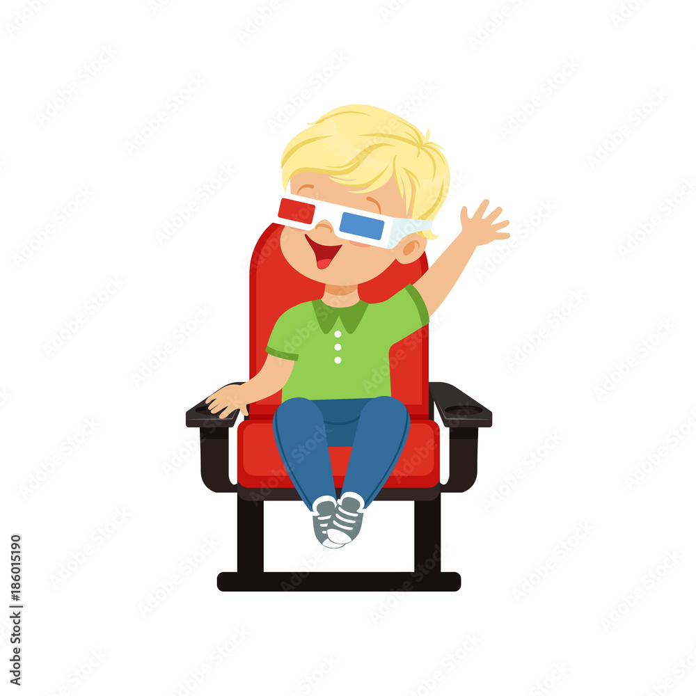 Happy little boy in 3d glasses sitting on red chair and watching 3D movie in the cinema vector Illustration