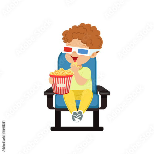 Cute little boy in 3d glasses sitting on a blue chair, eating popcorn and watching 3D movie in the cinema vector Illustration