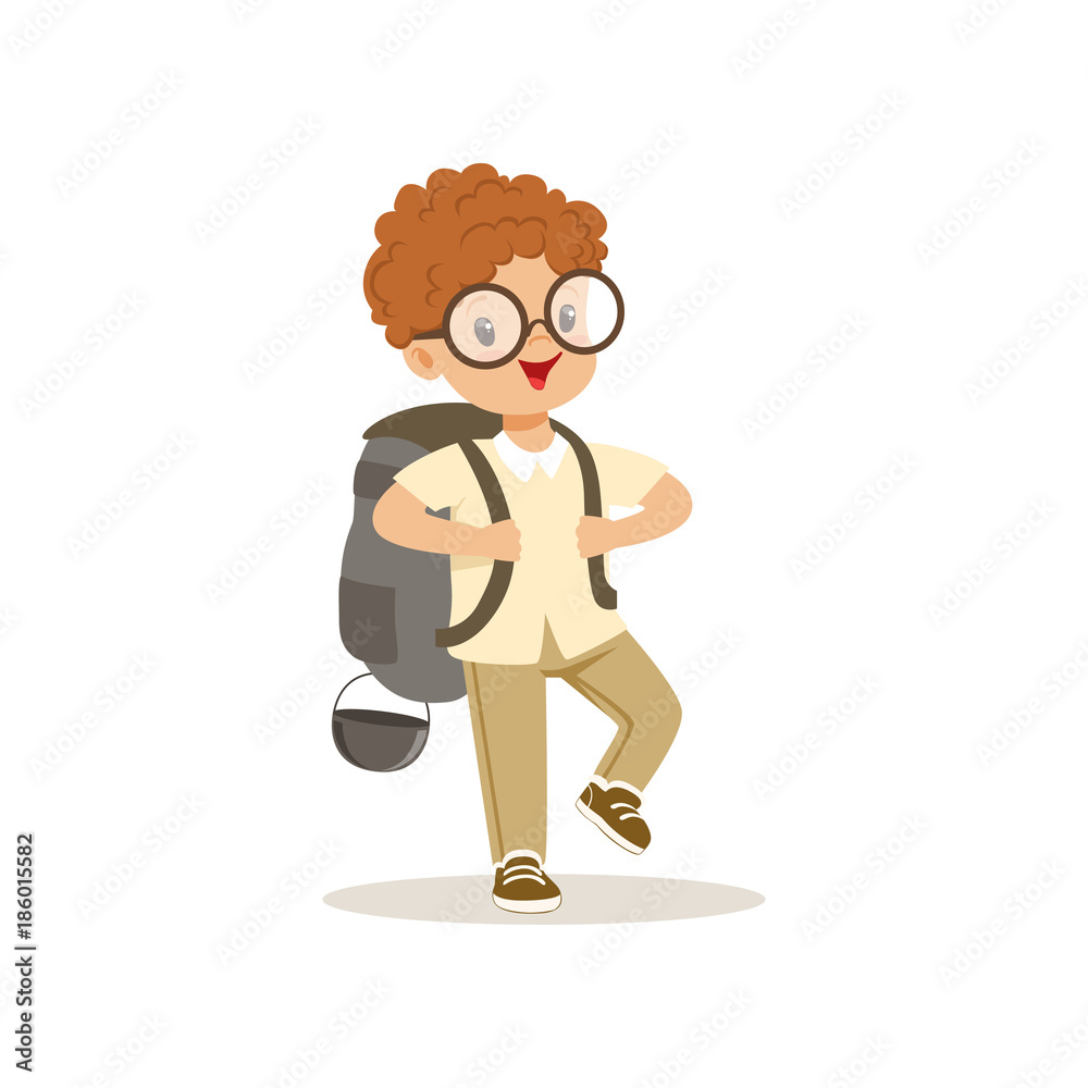 Cute little boy in scout costume walking with backpack, outdoor camp activity vector Illustration Cute little boy in scout costume walking with backpack, outdoor camp activity vector Illustration