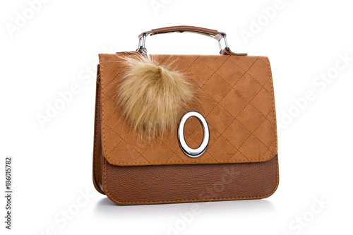 Women's fashion accessories. Brown woman handbag on white background photo