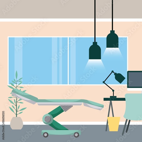 medical room bed desk lamp trash can and potted plant vector illustration