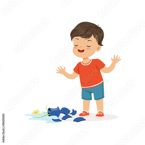 Cute bully boy broke the vase, hoodlum cheerful little kid, bad child behavior vector Illustration