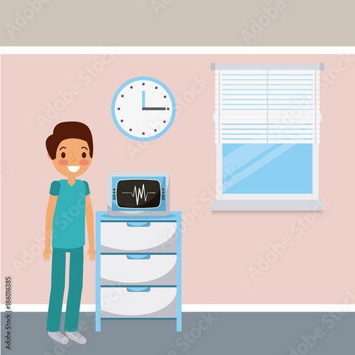 doctor medical ekg machine monitor clock and window vector illustration