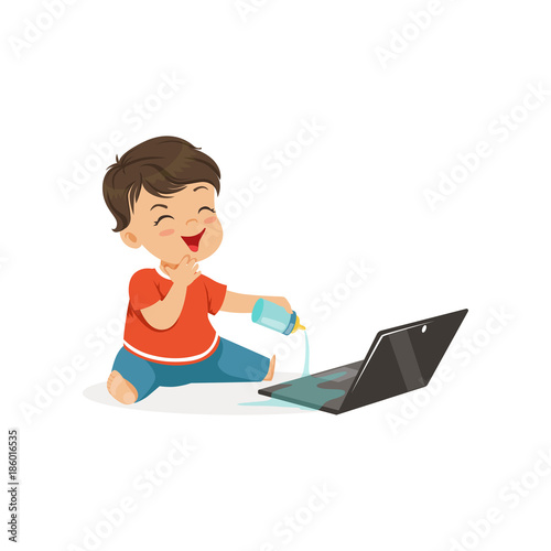 Cute little bully boy spilling water on a laptop, hoodlum cheerful little kid, bad child behavior vector Illustration