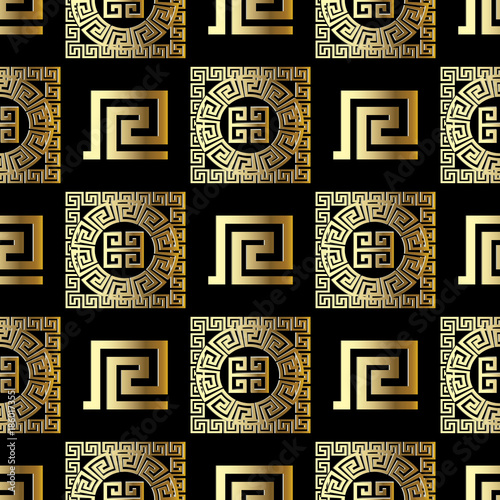Geometric modern 3d meander vector seamless pattern. Modern black background wallpaper with gold ornamental abstract shapes, figures, circles, squares,  greek key ornaments. Ornate surface texture photo